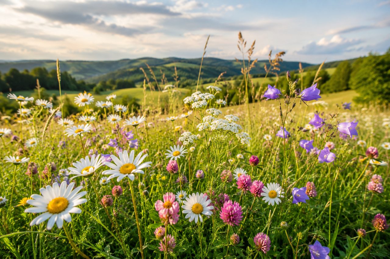 Artenreiche Blühwiese mit Blumen und Kräutern für Bio-Heu
